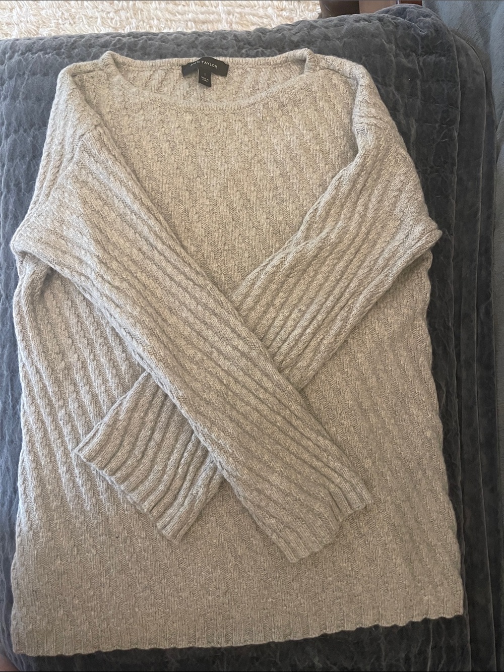 Ann Taylor Light Gray Cable Crewneck Sweater